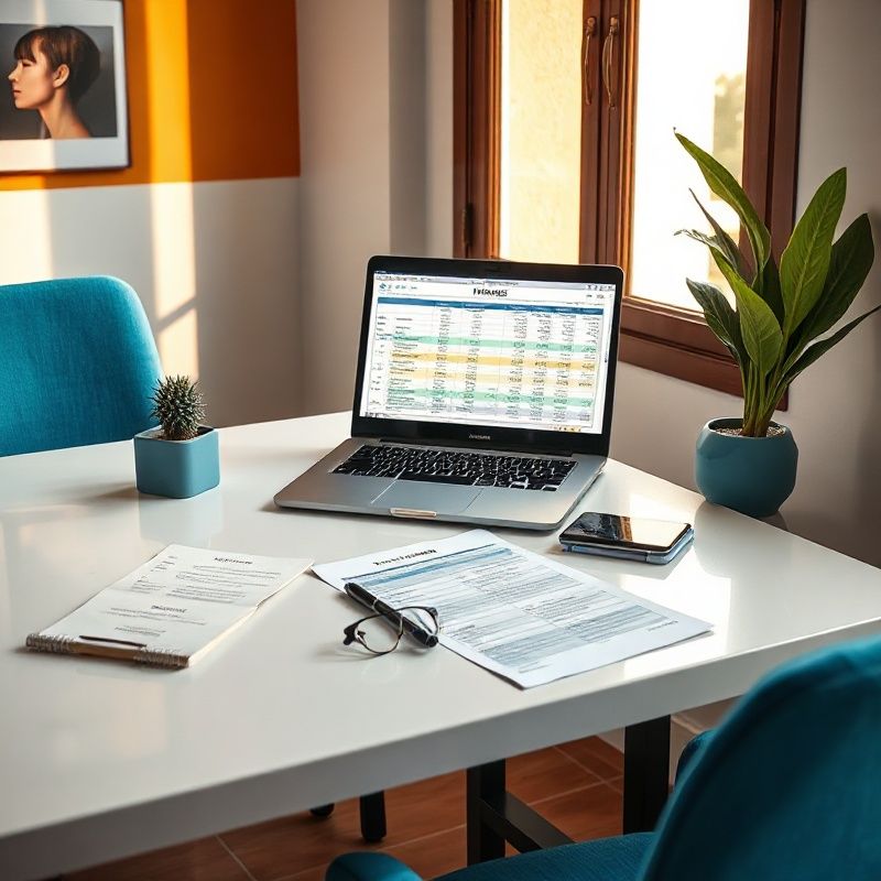 Mesa de consultoría con documentos de financiación y ordenador portátil en Lumenhpixel